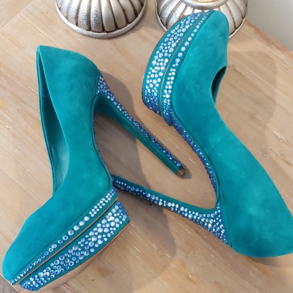 Brian Atwood Crystal Turquoise Suede Shoes Heels - Picture 3 of 8